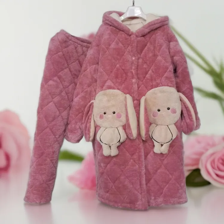 舒面絾长耳朵卡通小狗三层加棉加厚连帽长袍毛絾家居服女冬季保暖