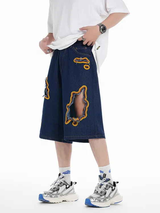 美式火焰破洞牛仔中裤七分裤夏季新款宽松bf街头复古嘻哈过膝短裤