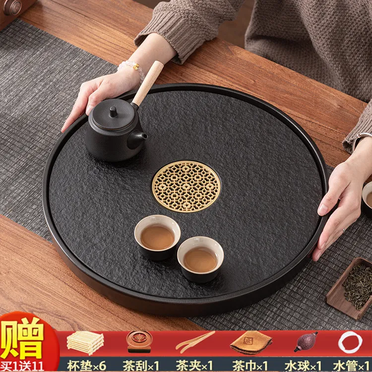 圆形天然乌金石茶盘茶海储排两用轻奢沥水简约陶瓷干泡台家用托盘