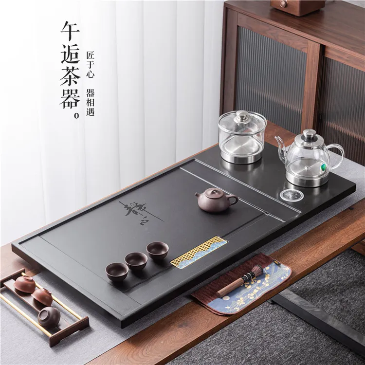 天然乌金石茶盘全自动一体带电磁炉底部上水烧水壶石头家用大茶台