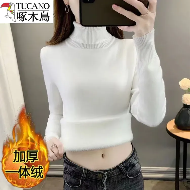 啄木鸟一体绒高领毛衣女加绒加厚秋冬装保暖洋气内搭打底针织衫