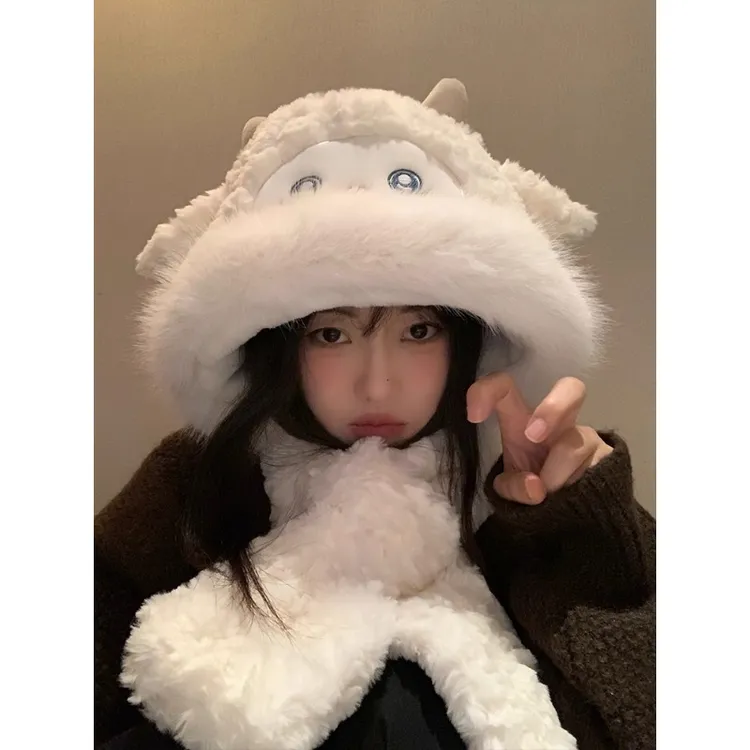 可爱小羊耳朵毛绒帽子围巾一体女冬季加绒加厚保暖防寒护耳两件套