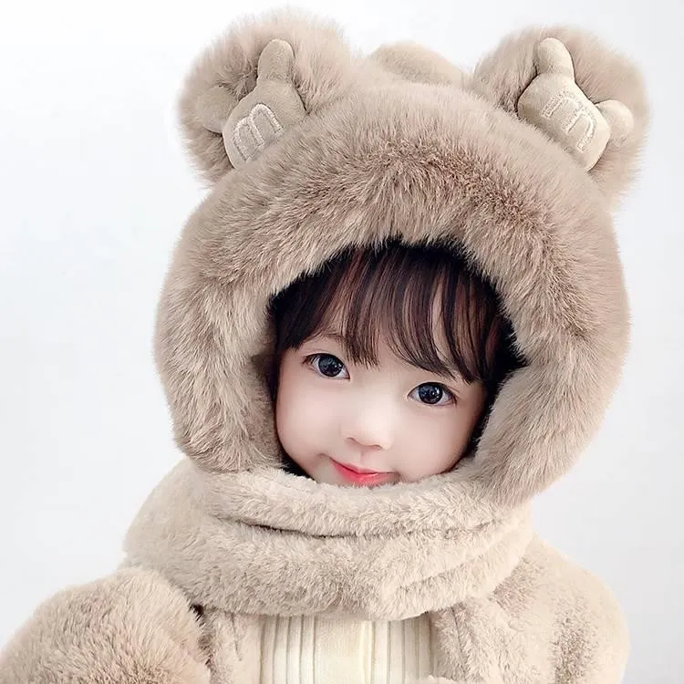 可爱儿童帽子三件套围巾手套连帽款仿兔毛围脖一体