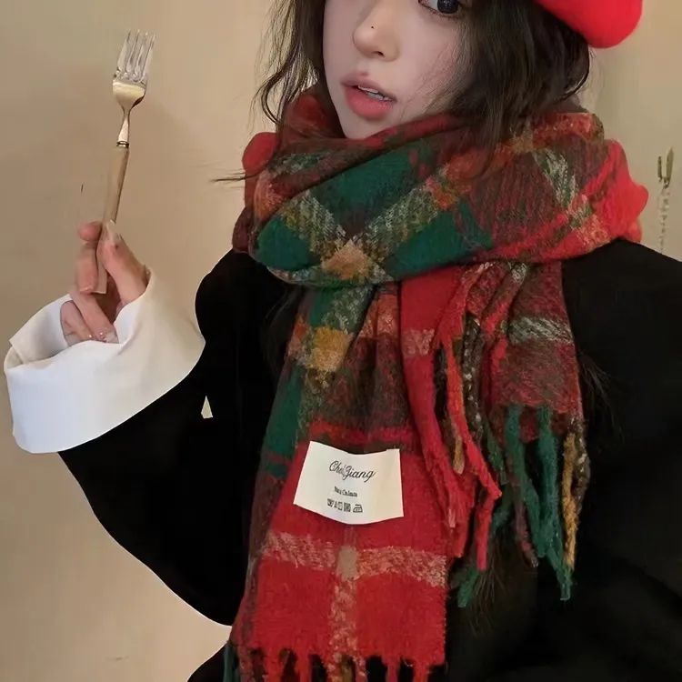 圣诞款新年红色格子围巾2024情侣韩系红围巾圣诞围巾绿色格子围巾