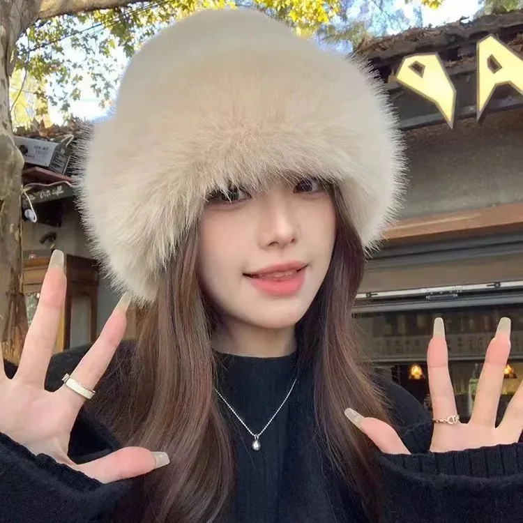 毛绒蒙古帽子女冬季防寒白色保暖东北盆帽护耳帽渔夫帽帽子女冬季