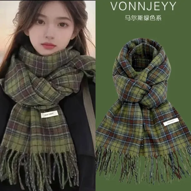 章若楠同款绿色围巾女冬季高级感2026新款韩版格子保暖加厚围脖潮