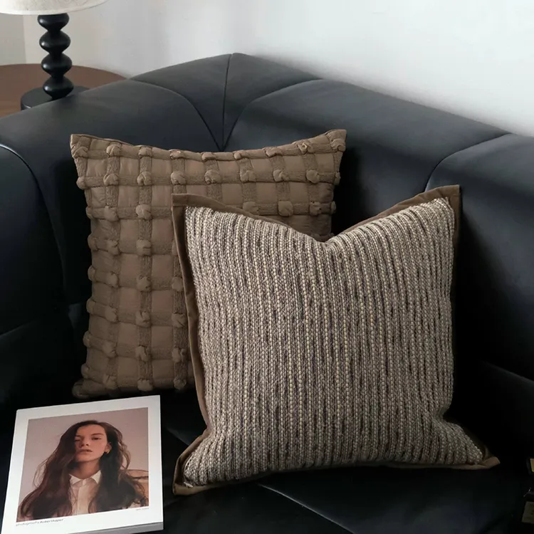 棕色系侘寂风简约条纹宽边抱枕腰枕抱枕套客厅沙发靠垫样板间靠枕