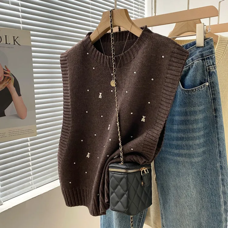 网红气质烫钻小熊针织马甲女春秋冬叠穿毛衣背心韩版ins无袖圆领