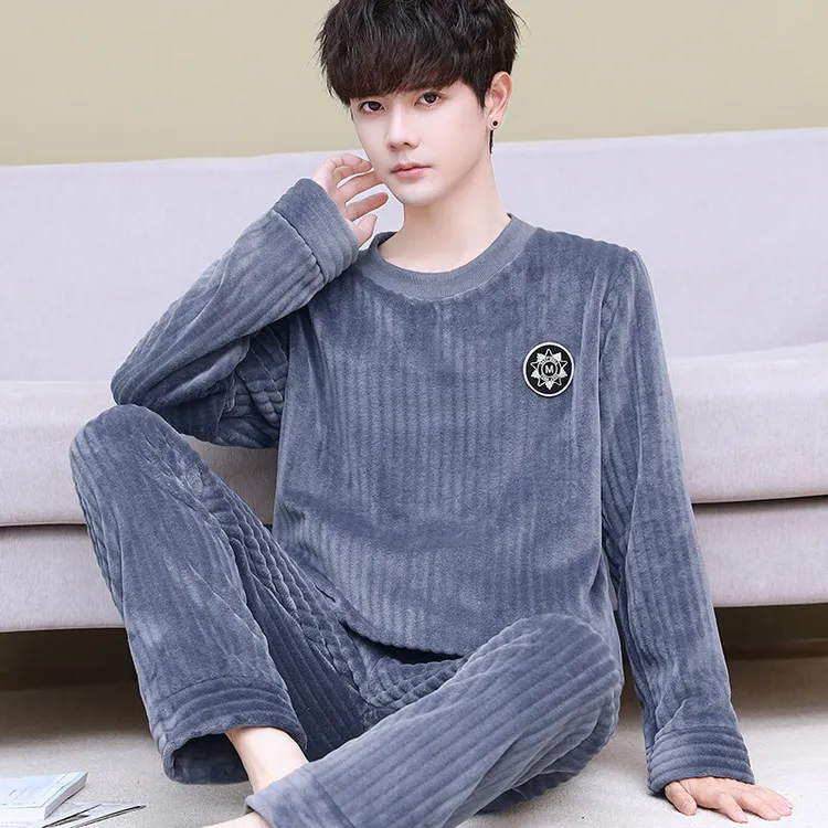 加厚加绒睡衣男士法兰绒秋冬套头套装男珊瑚绒家居服加大码可外穿