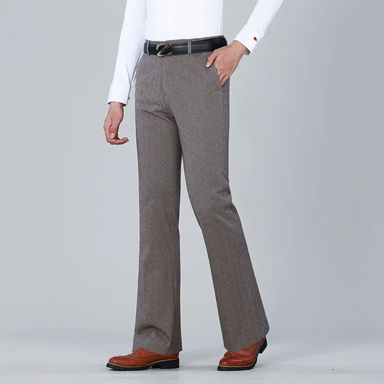 冬季弹力人字纹喇叭裤男青年修身加绒大脚西装裤商务休闲保暖男裤