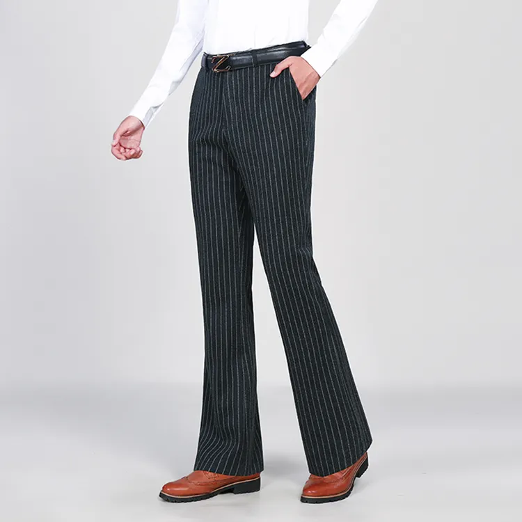 冬季厚款条纹喇叭裤男商务休闲保暖大脚弹力西裤青年修身垂感男裤
