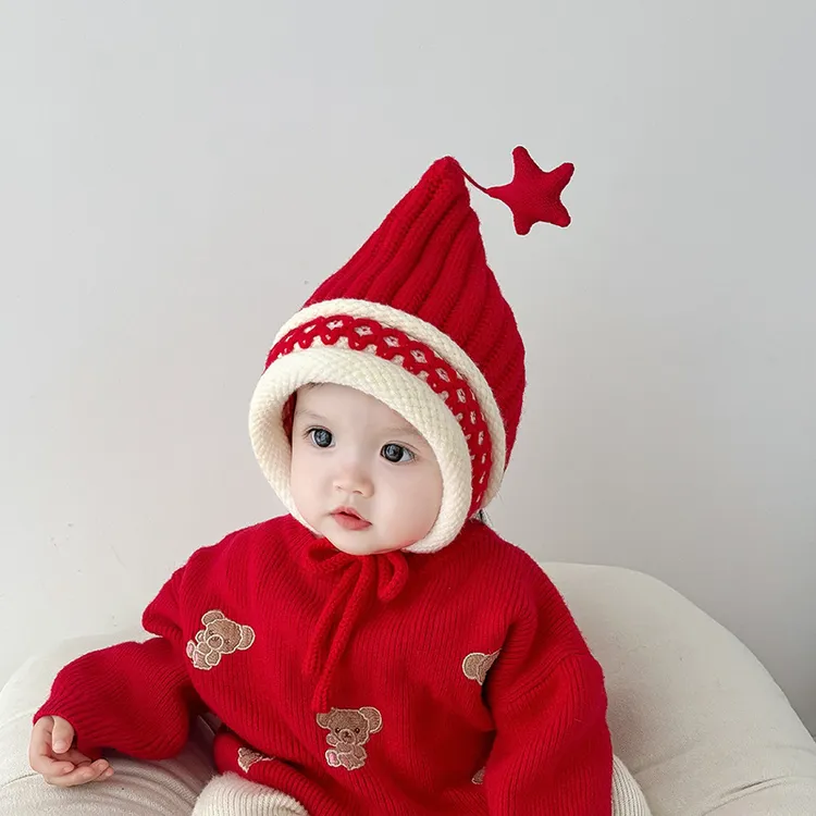【小布丁】新年宝宝帽子秋冬季超萌圣诞毛线帽红色喜庆男女童护耳帽