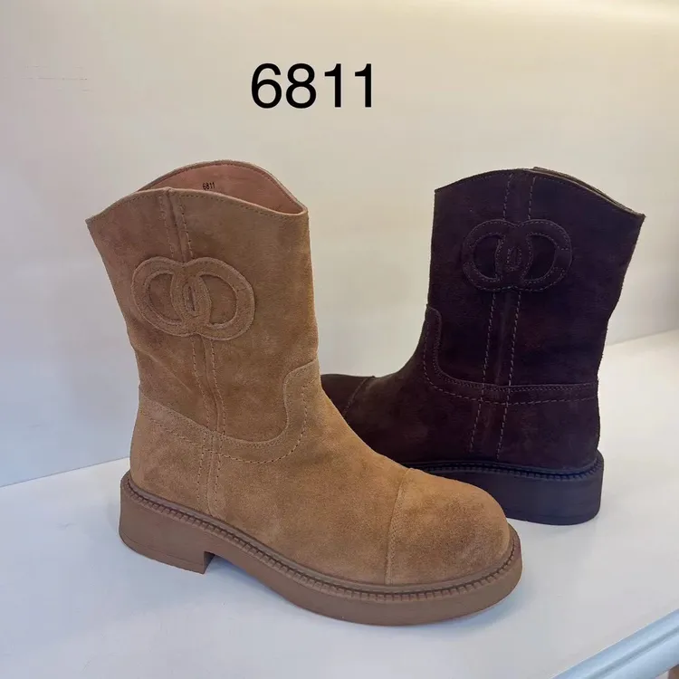  2024新款潮牌中筒靴美拉德色系牛反绒靴时尚百搭马丁靴女复古靴