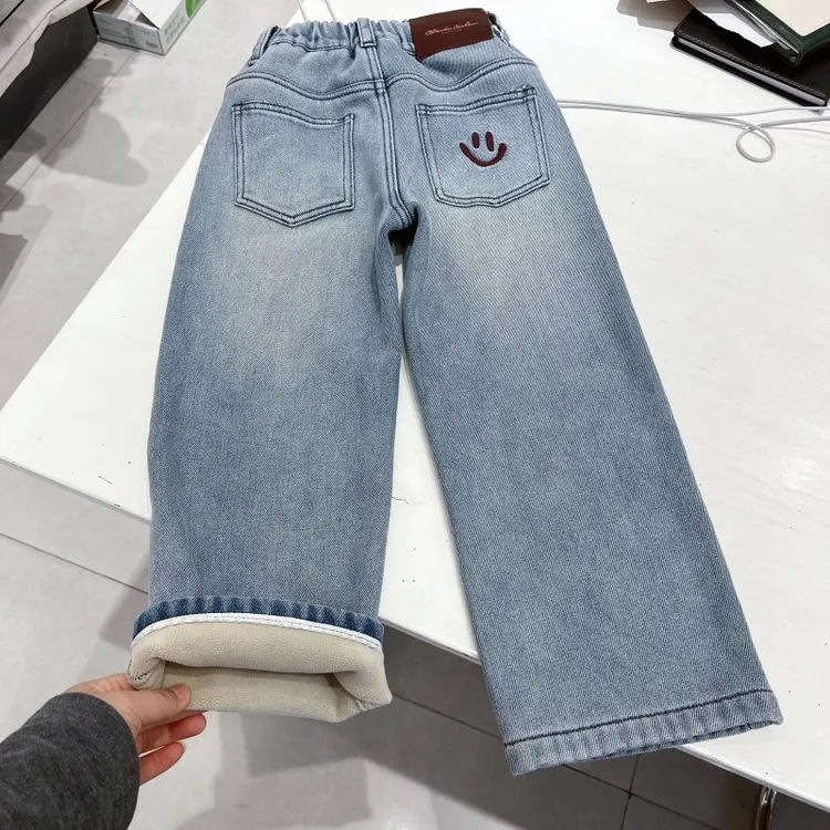 女童加绒牛仔裤一体绒中大童加厚冬季加厚直筒裤儿童窄版阔腿裤子