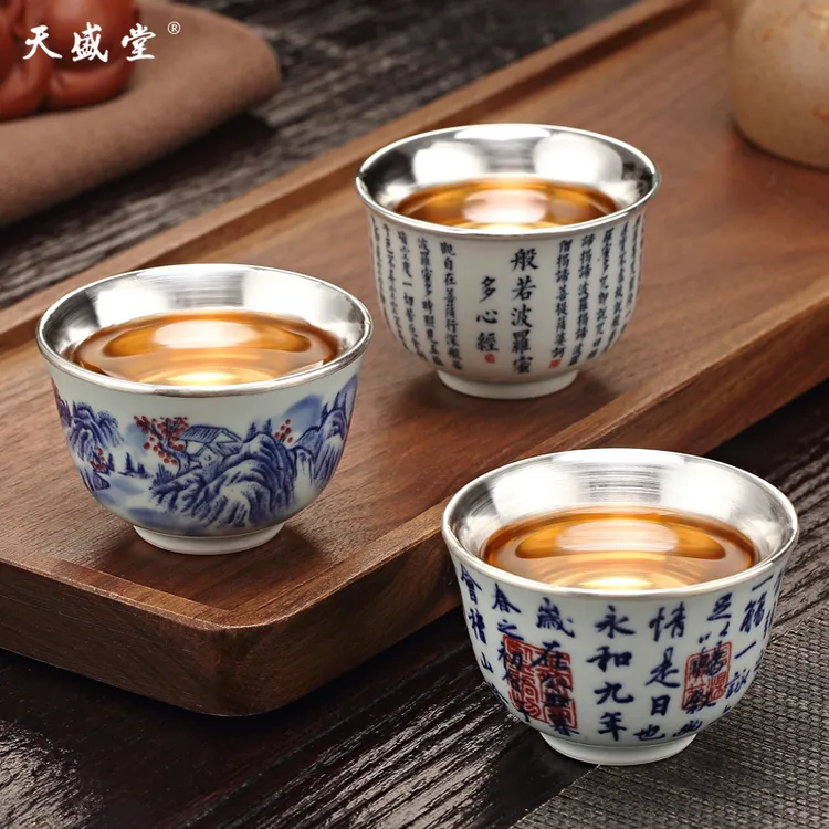 青花主人杯包银品茗杯单杯功夫茶具高档景德镇手绘个人用陶瓷茶杯