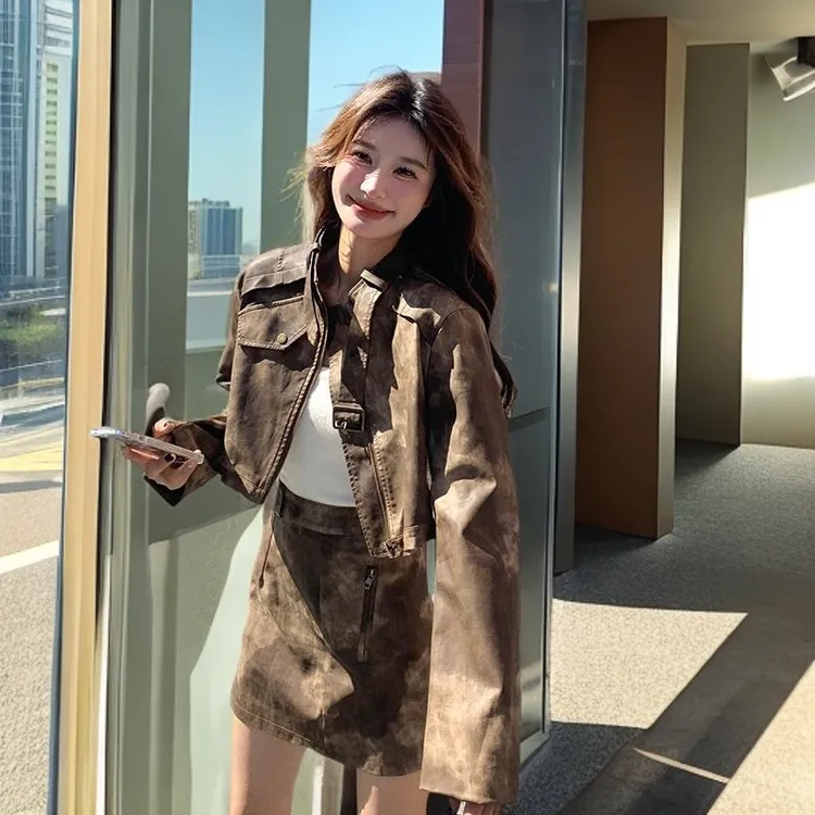 美拉德棕色皮衣外套短裙女早秋穿搭一整套又a又飒半身裙两件套装