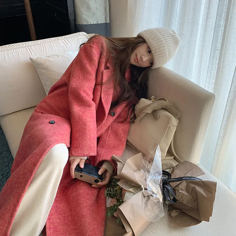 玫红色高级感双面羊绒大衣女款爆款2025新款秋冬洋气时髦毛呢外套
