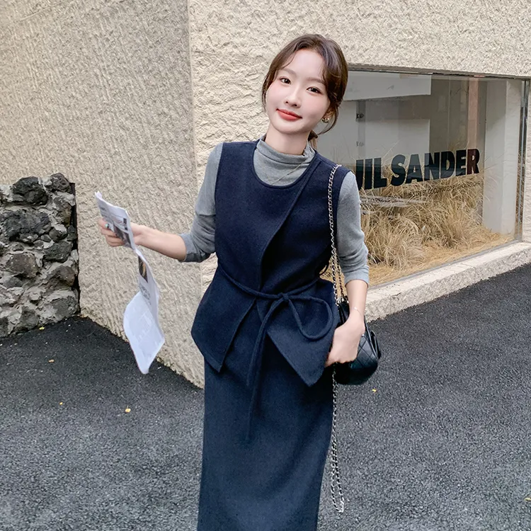 深蓝色马甲背心长裙三件套秋装女优雅气质显瘦法式半身裙时尚套装