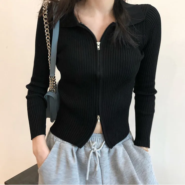 polo领针织开衫女薄款2025早秋新款洋气显瘦短款双头拉链长袖上衣