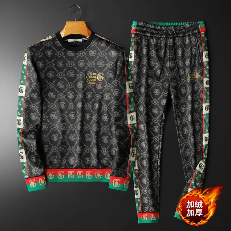 欧洲站潮流时尚套装男士秋冬加绒加厚卫衣打底衫休闲裤两件一套帅