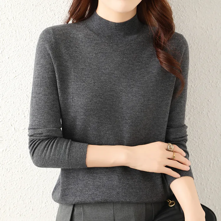 精纺羊毛半高领螺纹针织打底衫新款秋冬款女款宽松版针织长袖上衣