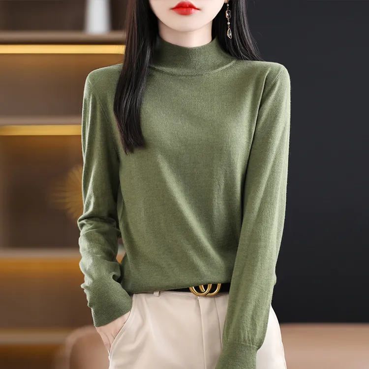 春秋精纺薄款半高领羊毛衫长袖针织打底衫宽松百搭纯色气质洋气女