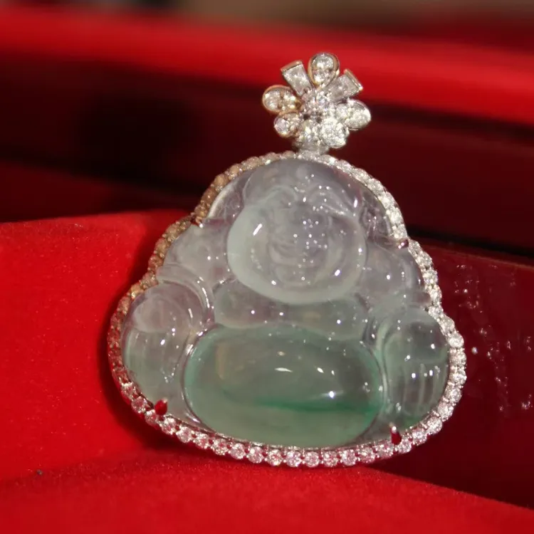 翡翠冰种飘花佛公吊坠料子冰透感十足莹润起光慈眉善目喜笑颜开