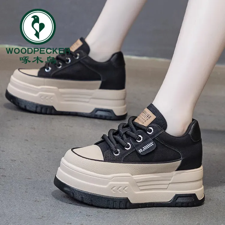 啄木鸟女鞋百搭复古秋冬厚底小个子鞋子女士松糕休闲板鞋乐福鞋