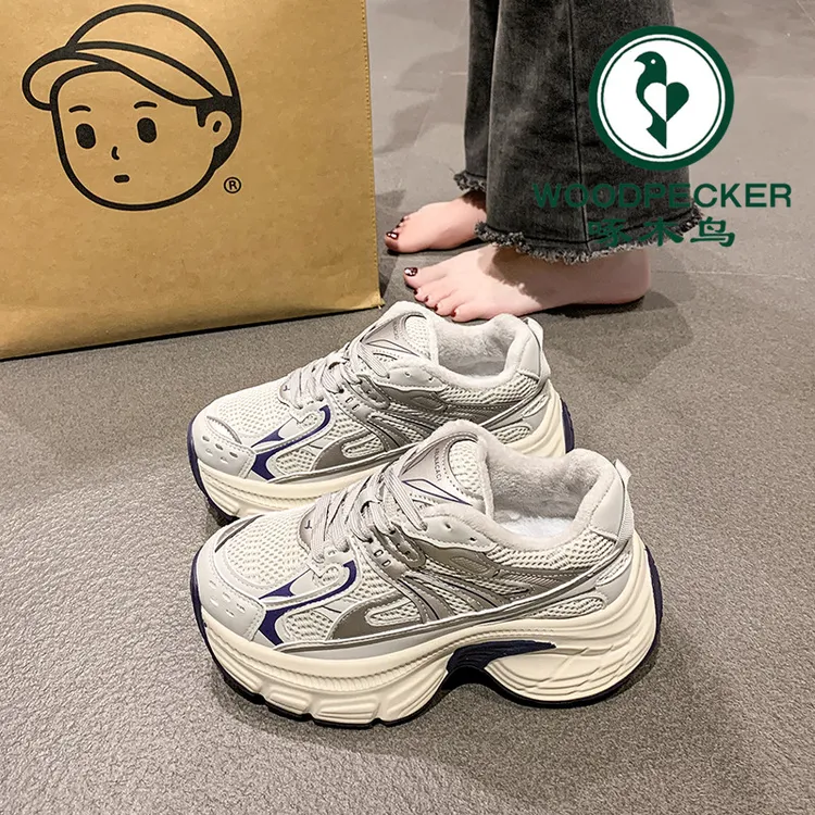 啄木鸟小个子加绒厚底老爹鞋女2025新款网鞋增高6CM百搭休闲女鞋