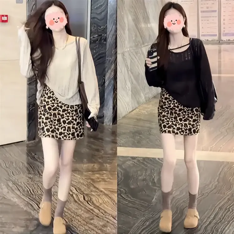 慵懒风简约气质休闲长袖时尚百搭上衣豹纹短裙两件套装