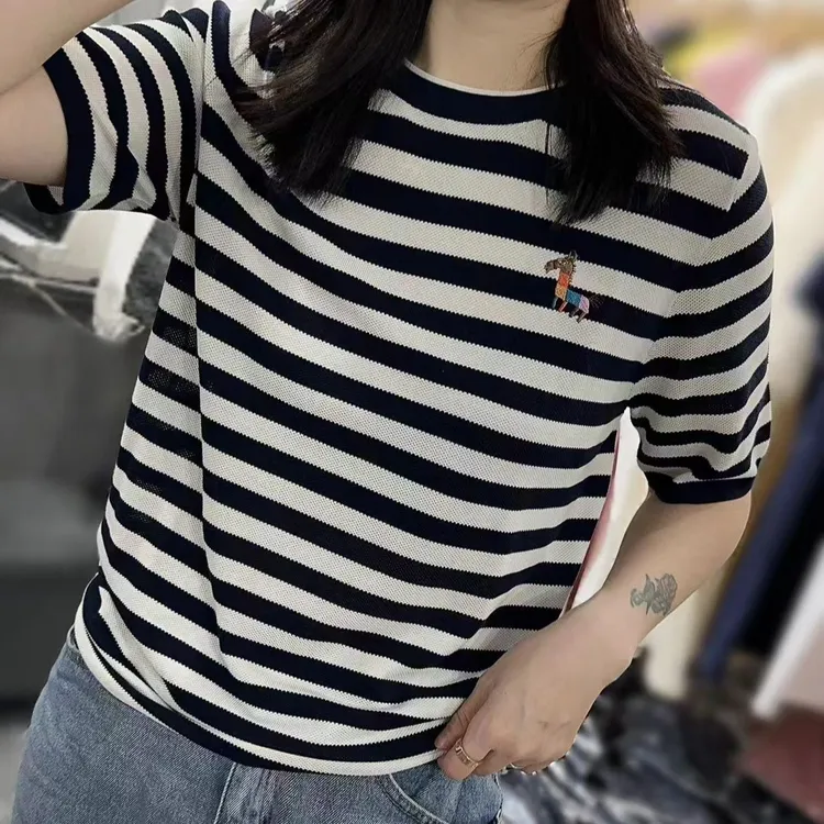 夏季新款条纹刺绣短袖时尚休闲宽松显瘦百搭夏季针织圆领T恤女T-8
