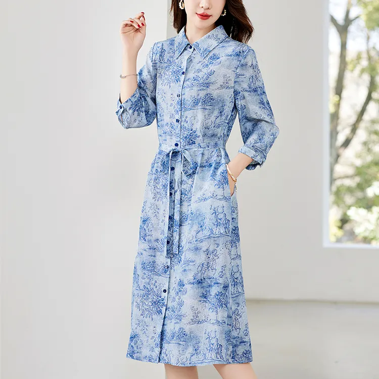 水墨佳人100%桑蚕丝印花时尚气质女装连衣裙82497166