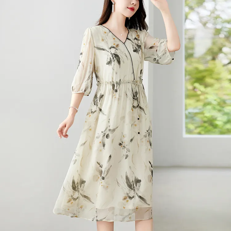 水墨佳人100%桑蚕丝真丝中长款印花连衣裙82497620