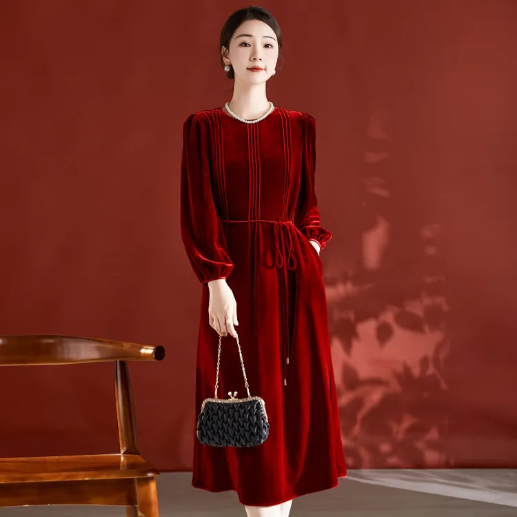 水墨佳人桑蚕丝真丝法式气质丝绒连衣裙82395700