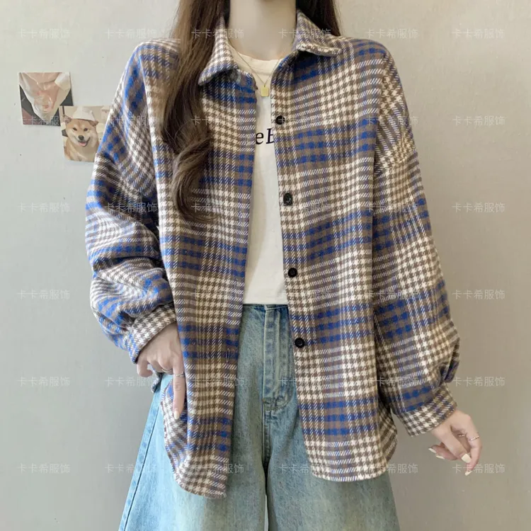 （运补6-10）复古加厚磨毛格子衬衫女春秋冬新款百搭设计感宽松外套