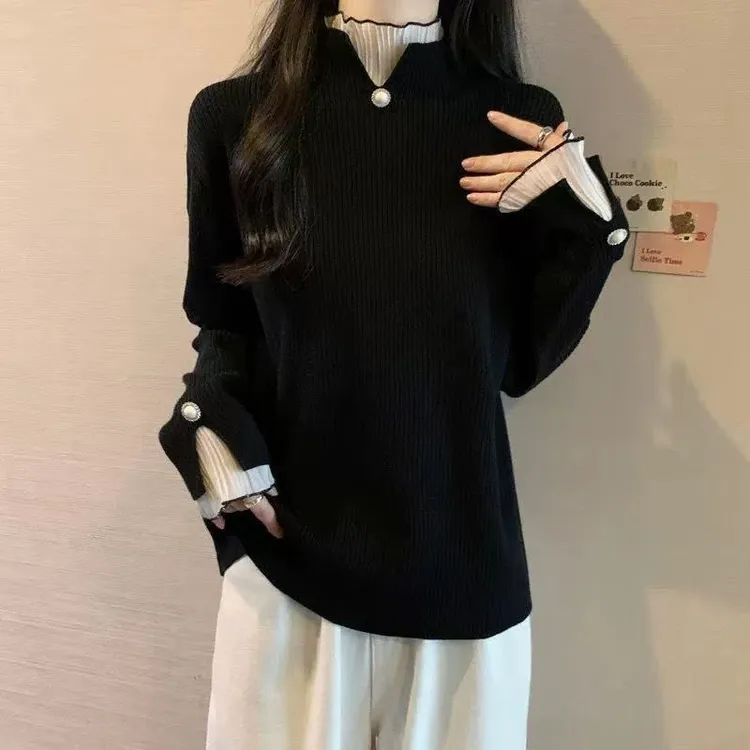 大码高级感雪纺拼接假两件半高领针织打底衫女士秋冬内搭显瘦毛衣