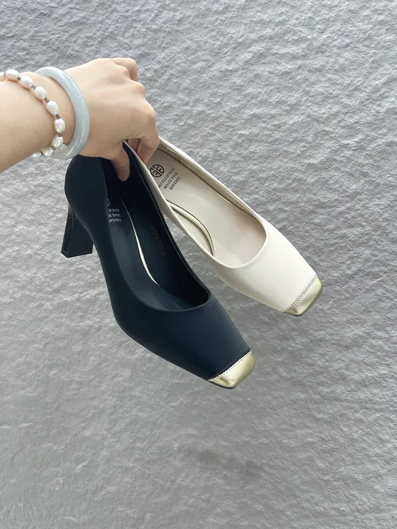 新款春秋季时尚方头女鞋粗跟高跟优雅气质单鞋百搭小香风拼色