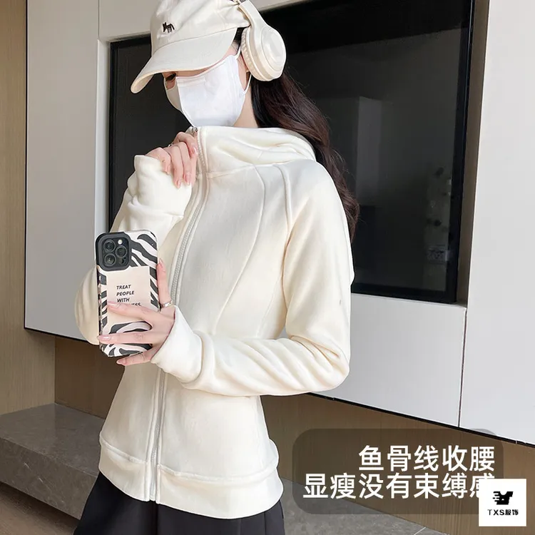 加绒连帽卫衣女秋冬季加厚双面绒修身运动开衫美式摇粒绒外套上衣