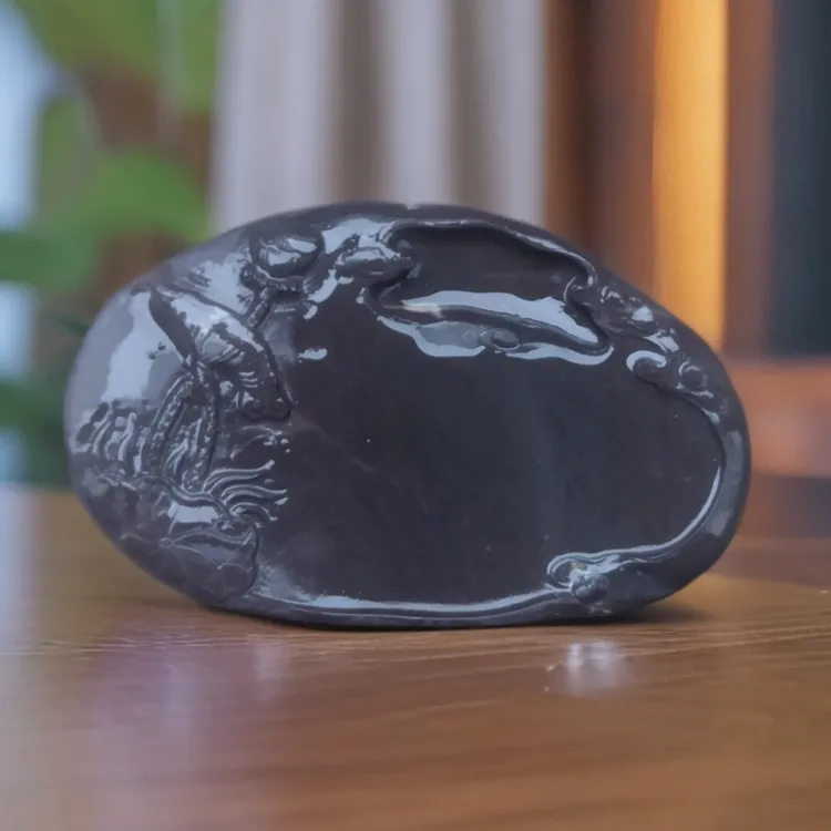 端砚天青老水麻，天青 麻子 清晰可见 手工雕刻 荷趣砚