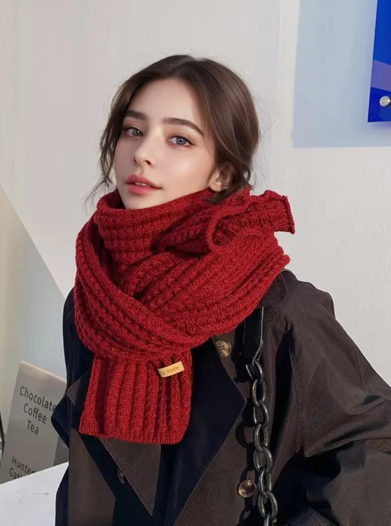 百搭韩版针织毛线红色围巾女2023新款冬季高级感新年礼物情侣围脖