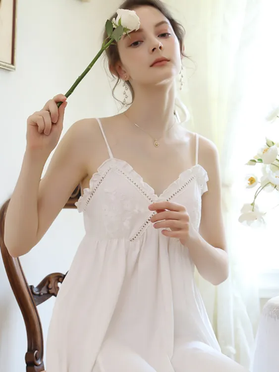 性感吊带睡裙女春夏蕾丝公主风睡衣长款居家服女刺绣气质薄款