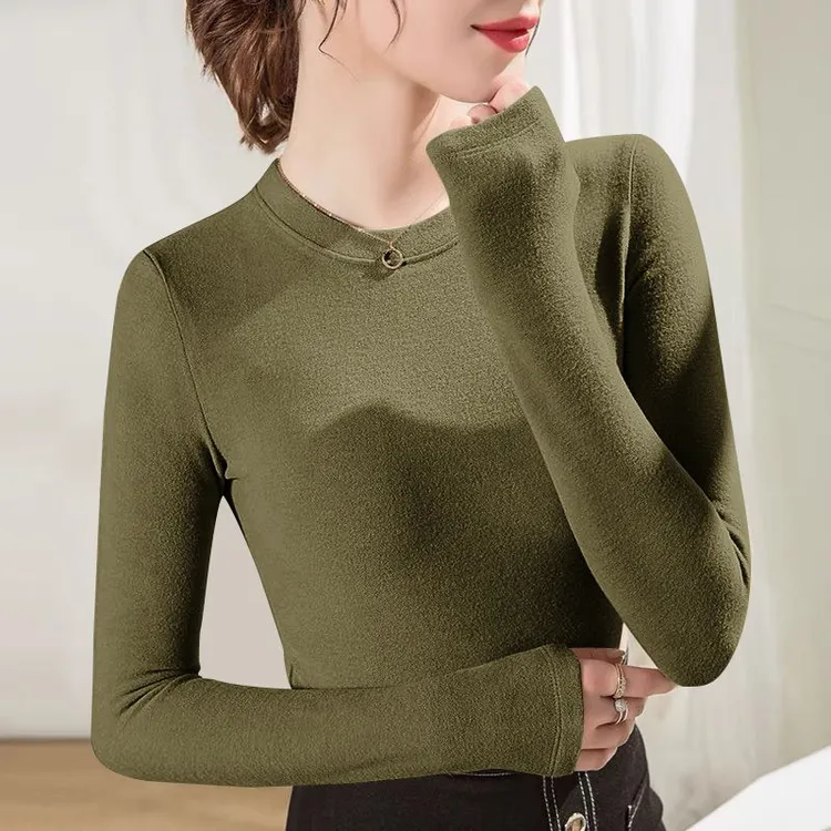 2024新款螺纹德绒色T恤女半高领打底衫百搭女加绒圆领秋时尚显瘦