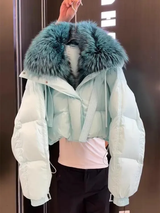 高级感超好看紫色短款棉服女冬季新款大毛领设计款面包服棉袄外套