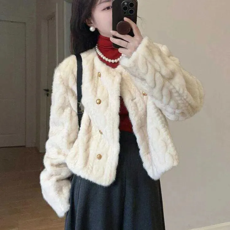 秋冬新款小香风圆领双排扣仿水貂毛麻花皮毛一体大衣环保毛毛外套