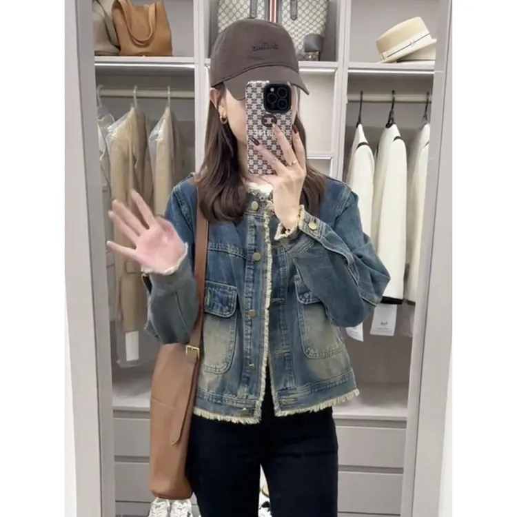 2025废土风设计港风毛边水洗口袋新款牛仔外套宽松上衣夹克6-95#