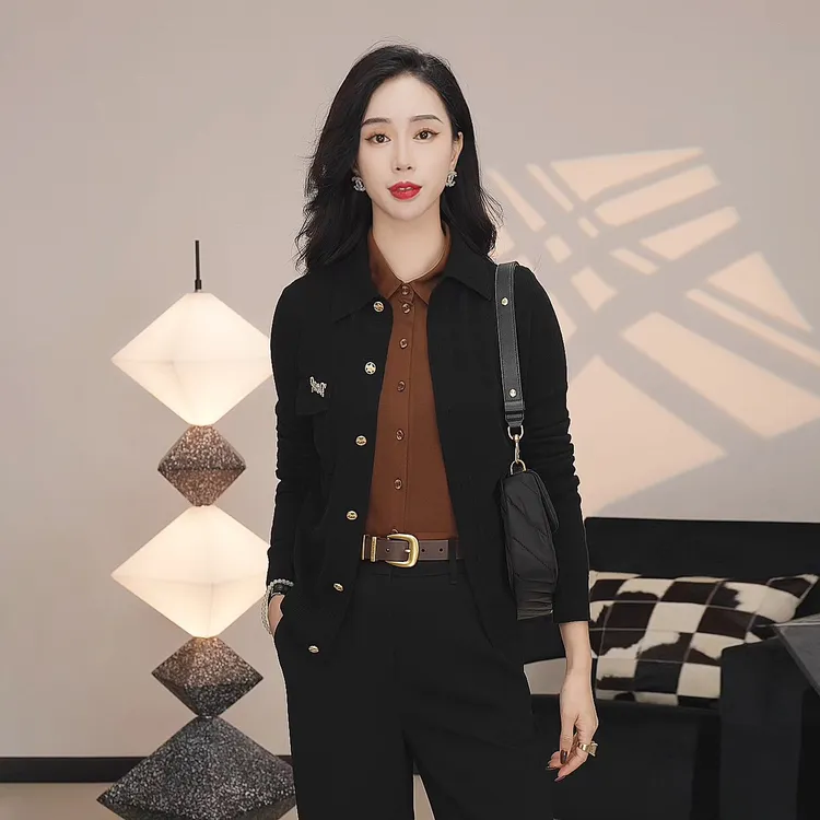 哥弟轻奢时尚翻领宽松单排扣小香风羊绒针织开衫女1499186