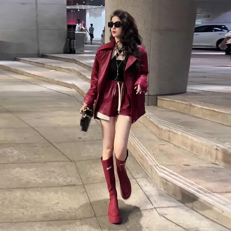 欧货酒红色PU皮衣女外套24新款爆款百搭宽松阔版机车夹克短裤套装