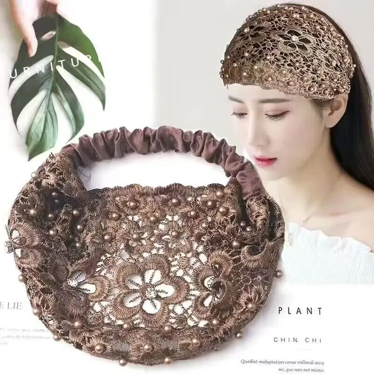 【新疆包邮】蕾丝薄款宽边发带女气质网纱透气包头巾宽头套碎发头饰