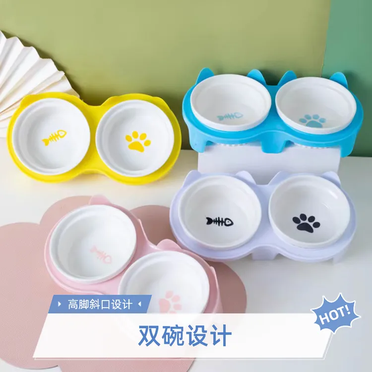 陶瓷猫碗狗狗碗宠物猫咪碗食盆斜口保护颈椎防打翻慢食碗猫粮盆