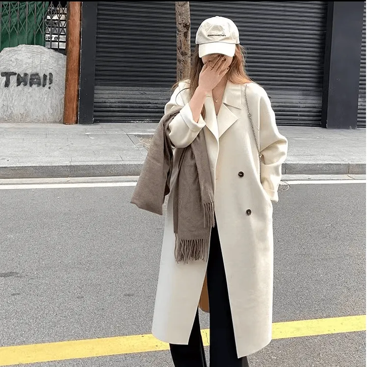 正肩双面呢大衣秋冬呢子MM潮流气质网红双排扣中长款外套大衣089